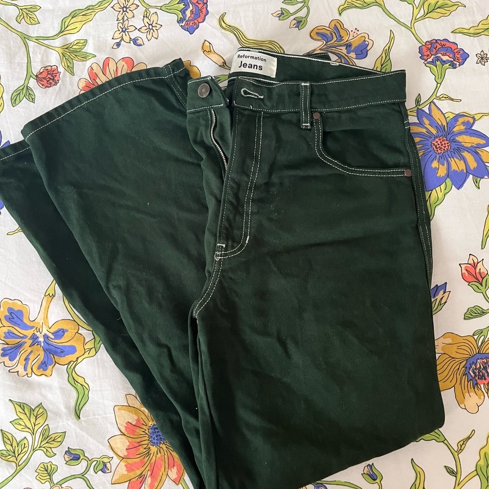 Reformation Forest Green Jeans with White Accents